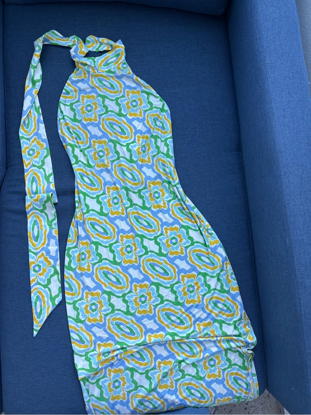 Zara One-Shoulder Halter Dress - Blue, Green & Yellow